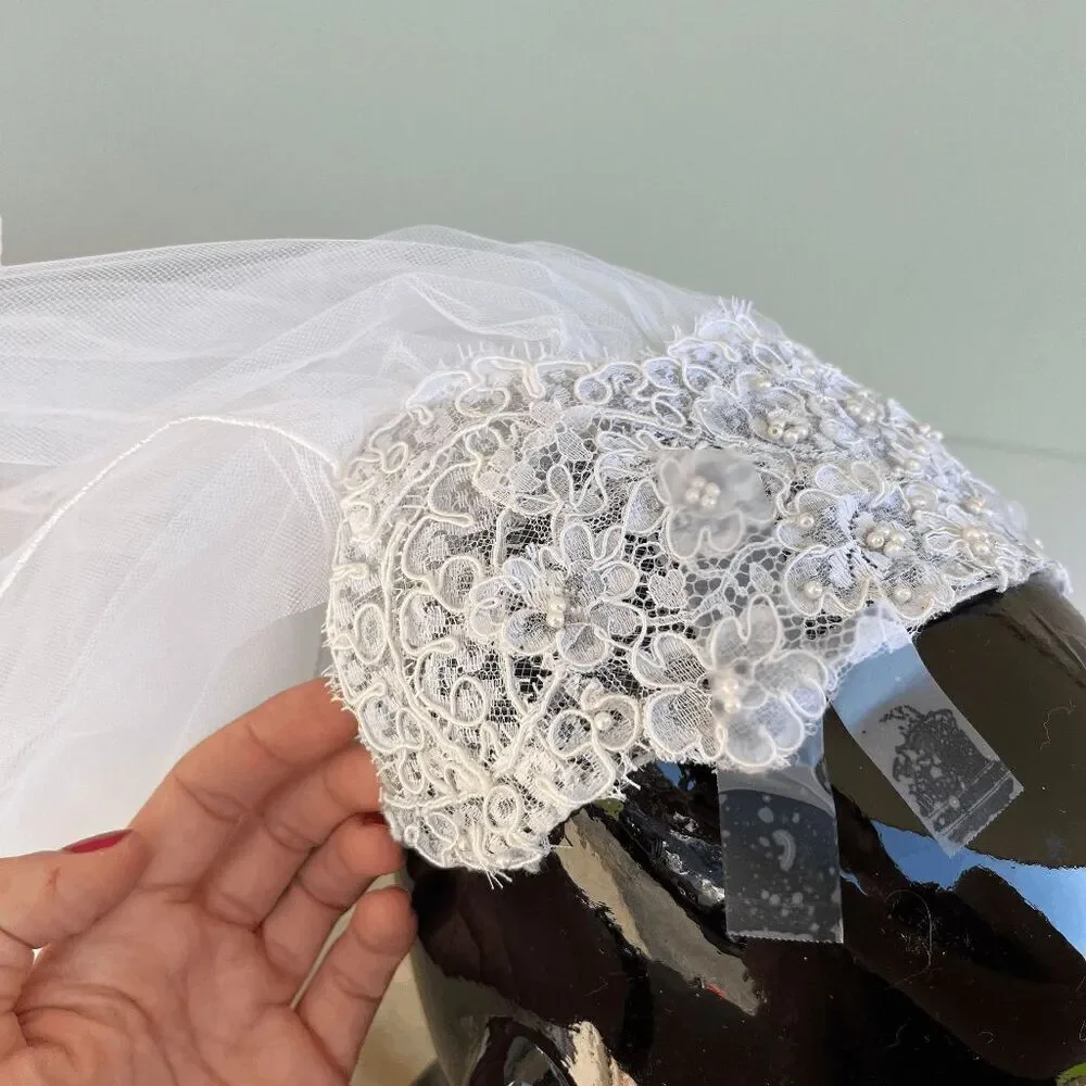 Vintage 80s-90s Bridal Cap Veil • Pearl-Lace Juliet Headpiece, Two-Tier Chapel L